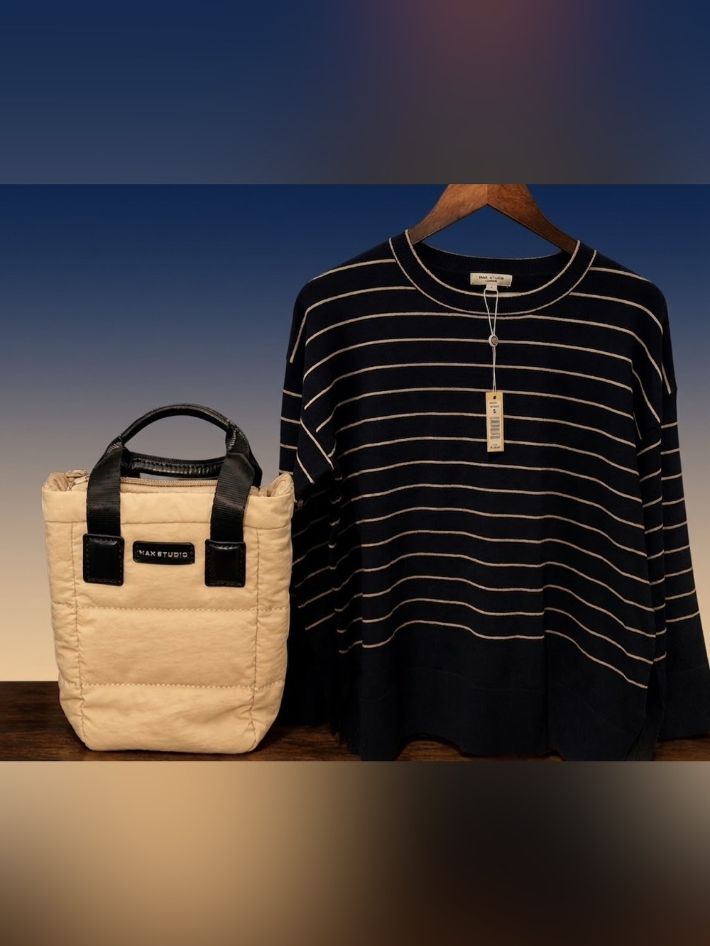 Max Studio Navy Striped Sweater Size S NWT & Pre-owned Cream Puffer Bag Lot
